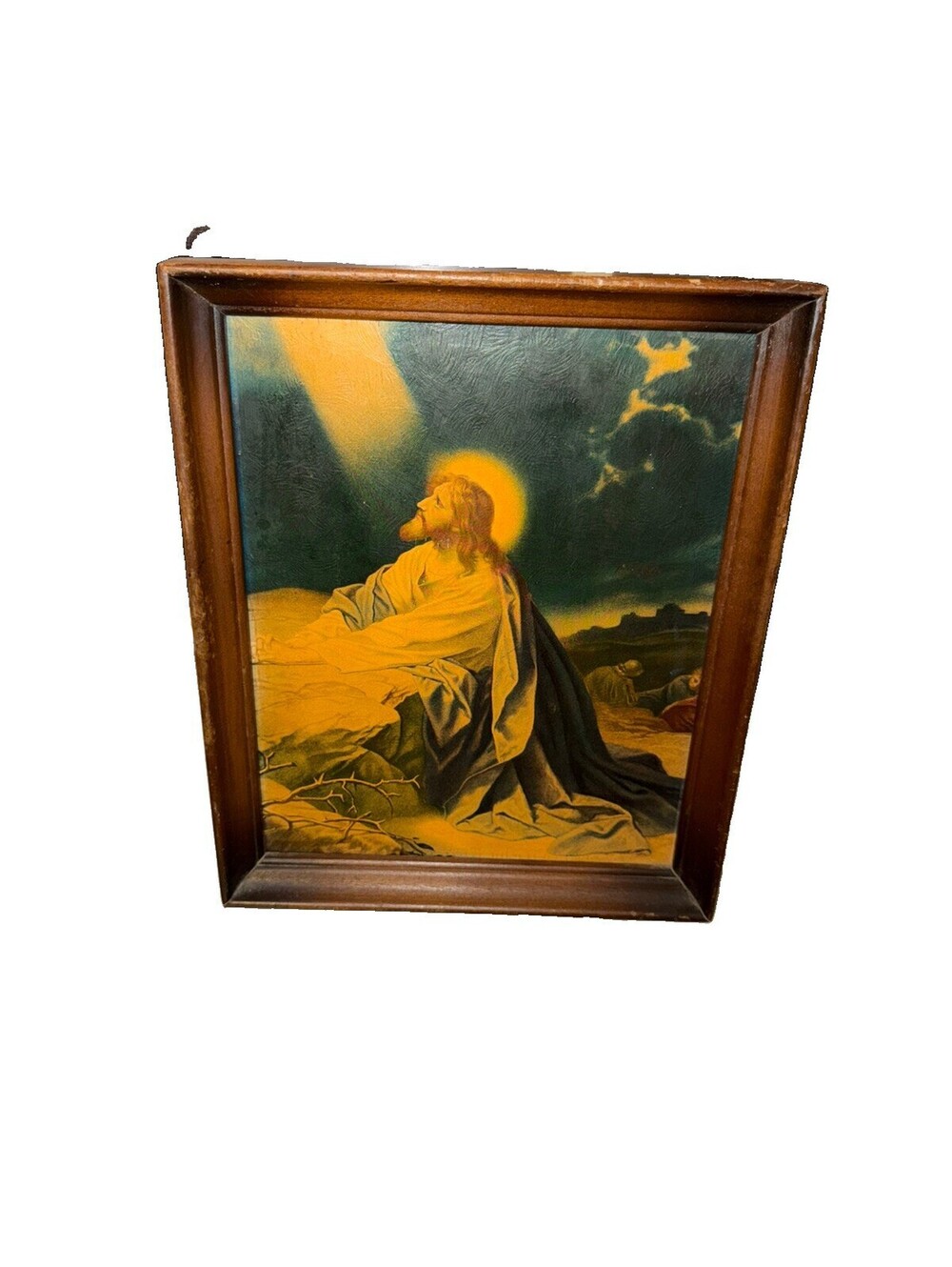 Vintage Litho Print Jesus Praying In The Garden of Gethsemane Ornate Frame